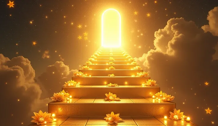  A golden heavenly staircase ,  with steps adorned with flowers and lights ,  ascending toward a starry sky .
 Each rung seems to be made of pure gold , decorated with bright flowers .  The lights around it shine like stars . At the top of the ladder ,  th...