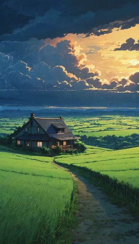 (Minimalism:1.4),anime scenery of a house in a field under a cloudy sky, cartoon moody scene, anime clouds, studio ghibli sky, anime atmospheric, anime landscape wallpaper, 4k highly detailed digital art, cloudy night, detailed scenery —width 672, 4 k hd i...