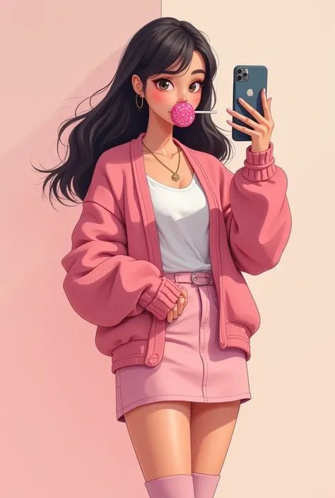 A cartoon image of a  lean, slim and slender hot teenage white sassy college girl holding an iPhone taking pictures with lollipop in mouth wearing aesthetic fashionable baby pink college themed clothing something like mini skirt long socks and long sleeved...