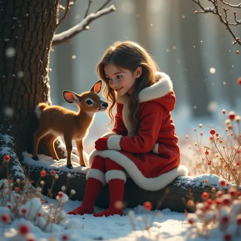 An ultra realistic photo, capturing a magical winter forest scene. A teenager female  with beautiful eyes and wavy hair, dressed in a cozy santa coat with a fur-lined hood and red white socks, sits on a fallen log next to a tree. She shares a heartwarming ...