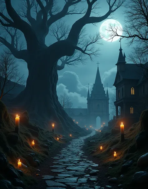 a haunting dark fantasy landscape, a twisted and gnarled forest, sinister atmosphere, eerie glowing mushrooms, ominous storm clouds, gothic architecture, dilapidated crumbling buildings, ominous shadows, flickering candles, moonlight casting long shadows, ...