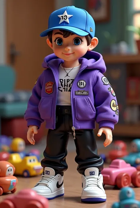 Buzz Lightyear toy with a purple Trapstar jacket, a blue New Era cap, black Trapstar pants, white Jordan sneakers, behind him Andys room with other toys on the floor