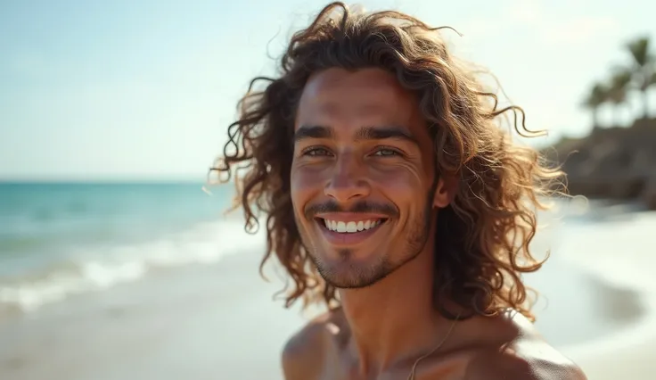 (RAW photo:1.2), (photorealistic:1.4),(masterpiece:1.3),(best quality:1.4),ultra high res,HDR,8k, (extreme detailed illustration), 1 man, detailed handsome face, young man, long curl hair,smile,solo, look at viewer,clear background, on the beach, depth of ...