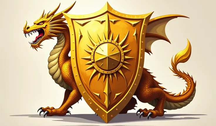 2D aggressive golden dragon behind a Golden shield symbol