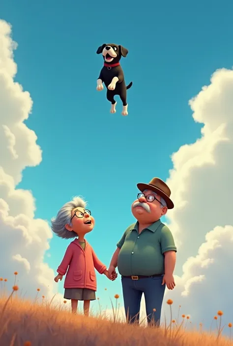  Creates an animated image in the sky , 
 A chubby short black haired grandmother ,She is short in dark skin ,  and a not so fat dark skinned grandfather with a hat with glasses, they are in the sky ,  waiting for his black dog . 
 The dog is a big Labrado...