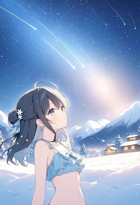  pale shade、Light line drawing、half updo、multicolored hair,biki、night、Snow Town、 twinkling starry sky、 shooting stars、Meteor Shower、 looking up at the sky ,Make a wish for a star with bikini