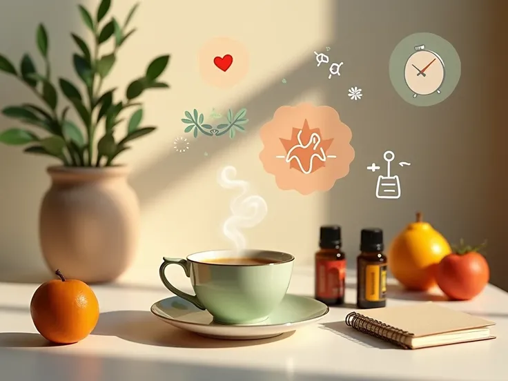 " A table decorated with items associated with well-being :  steaming green tea in a delicate cup , Essential oils, fresh fruits,  and a notebook with self-care notes . on the table,  animated graphics and icons appear that represent health , like a beatin...