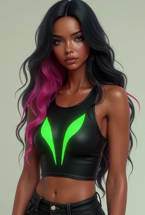 Person, Female, Beautiful, Chestnut Brown Skin, Tan Skin, Black Hair with Pink Roots.
Black tank top with green alien on it.
Black jeans. Detailed, 3D, Three dimensional,
Blender Style Character, smooth skin, realistic yet stylised proportions. 