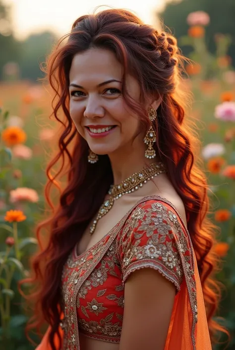 8K, Ultra high detail, fair skinned mature woman, cute smile, realistic face, happy, long dark red curly hair, stunning hairstyle, detailed eyes, detailed lips, Indian clothing, ghaghra choli with dupatta, multi-colored, lace, wearing jewelry, natural back...