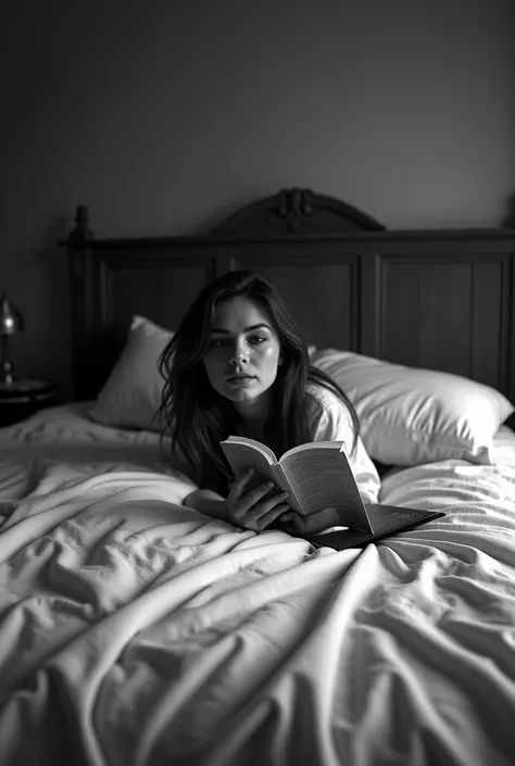  arafed woman lying on the floor reading a book ,  A black and white photograph inspired by Irakli Nadar, tumblr, Fine Arts, Victoria Gavrilenko, Julia Sardinia, Kiera chivalric at rest ,  posing in bed ,  lying on a bed , Cristina Kritkou, in my bed,  Lyi...