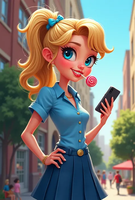 A cartoon image of a lean, tall, slim and slender hot teenage white sassy college girl holding an iPhone taking pictures and holding lollipop in mouth wearing aesthetic fashionable blue private school college themed clothing .