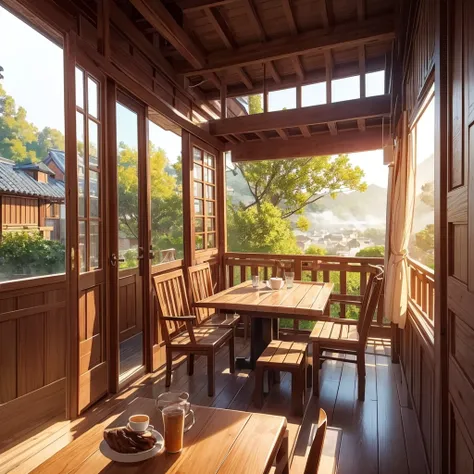  write about the morning cafe 。 I can see a slight sunrise from the window 、Beautiful scenery、Wood-carved cafe 、Wooden buildings、 outside the window lined with private houses 、 what is on the morning cafe table is coffee、 no customers 　There is a little st...