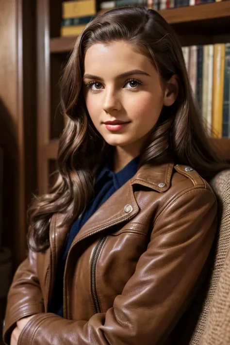 Medium view, of 24 year old, face portrait, jewish features, long hair, brown hair, 1940s hair style, leather jacket over 1940s clothing, in cozy 1940s home.