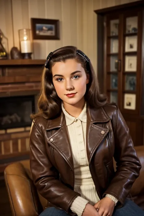 Medium view, of 24 year old, face portrait, jewish features, long hair, brown hair, 1940s hair style, leather jacket over 1940s clothing, in cozy 1940s home.