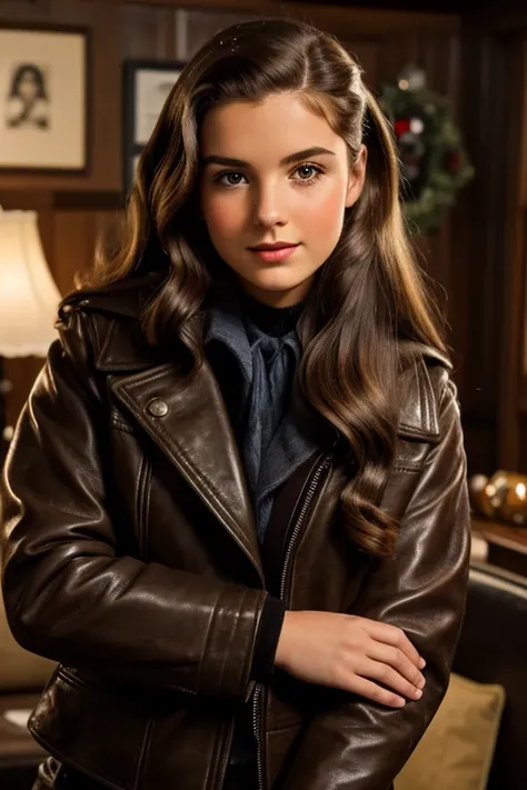 Medium view, of 24 year old, face portrait, jewish features, long hair, brown hair, 1940s hair style, leather puffer black jacket, in cozy 1940s home.