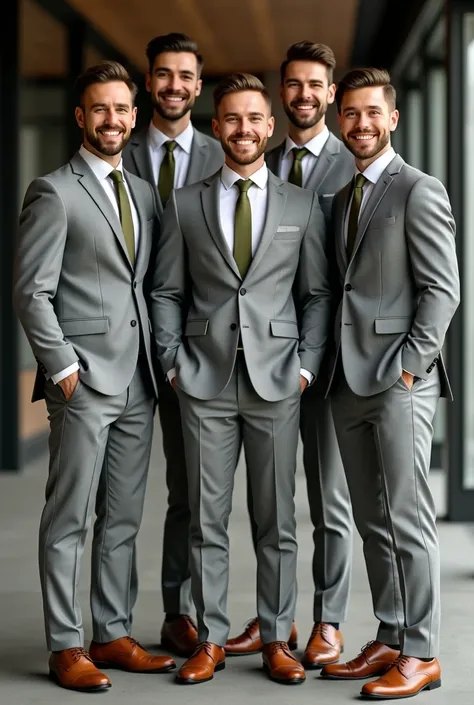 several smiling men wearing light grey suits,  olive green ties and brown shoes