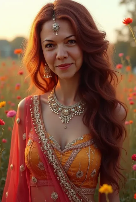 8K, Ultra high detail, fair skinned mature woman, cute smile, realistic face, happy, long dark red curly hair, stunning hairstyle, detailed eyes, detailed lips, Indian clothing, ghaghra choli with dupatta, multi-colored, lace, wearing jewelry, natural back...