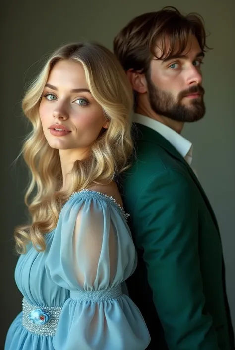  a young white woman with a delicate face of a,60,  big blond hair, light green eyes,  wearing a beautiful blue dress with a flower .  the woman is on her side of the back to a guy tall from a,90.  with a beard and medium strong straight and black hair .  ...