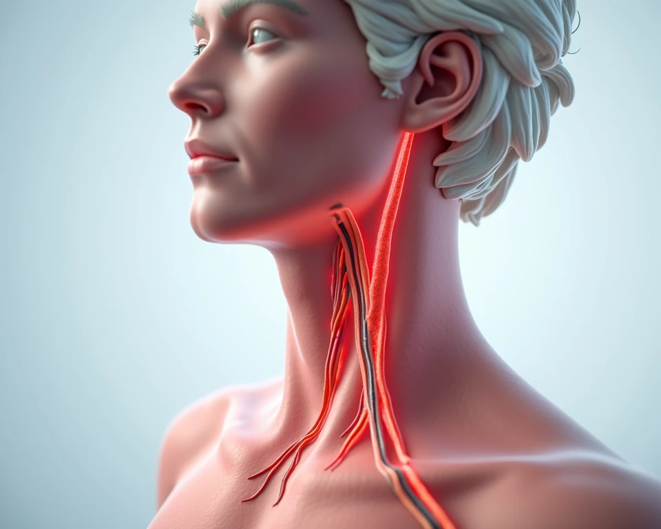 A symbolic representation of the jugular vein in the human body, emphasizing its vital role in the circulatory system. The focus is on the anatomical structure of the vein, with a detailed, educational approach. The image should highlight the jugular vein ...