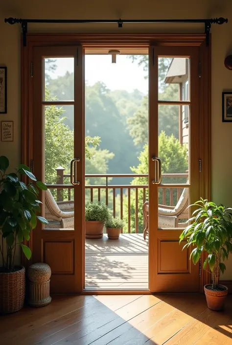 Room with door and window and terrace with handrails and protective cyclone mesh 
