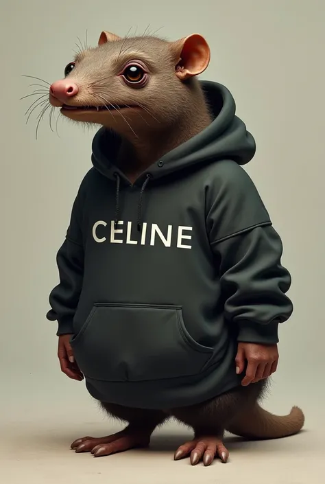 Ugly brown mole(animal) with long face wearing a fake celine hoodie