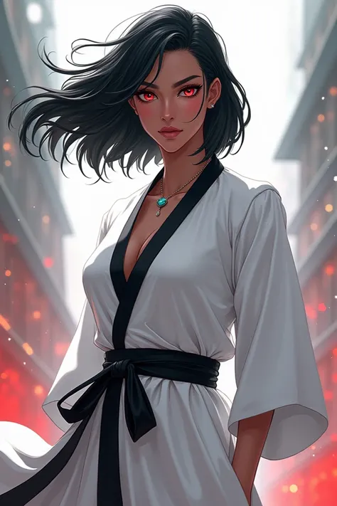 melanated, adult woman, shoulder length black hair, red eyes, warrior, white jacket black sash white hakama black tabi and white zōri, bleach, anime cartoon