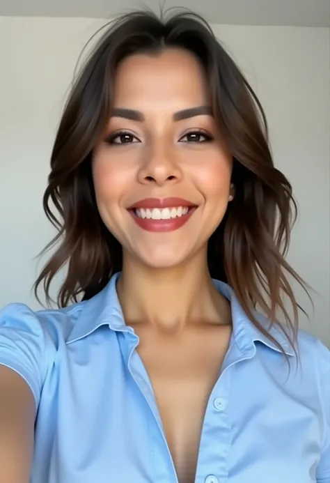 White Latina woman selfie with light blue blouse 