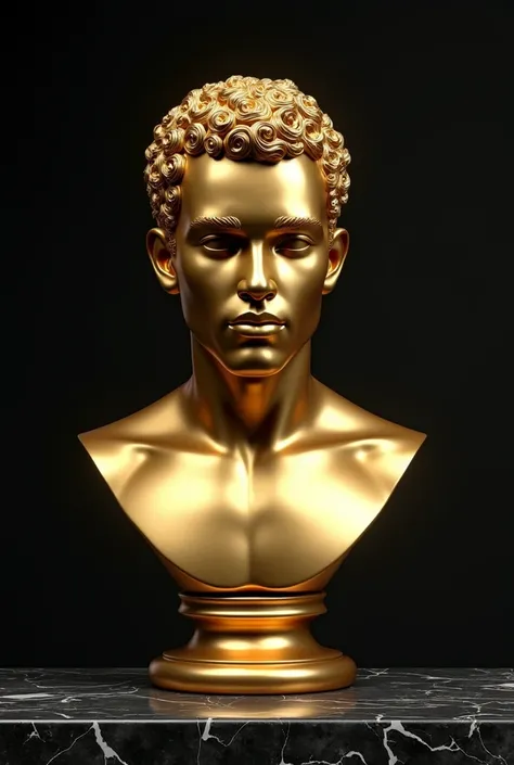 Luxurious golden bust statue of a young African man with black marble background