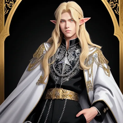 ((A young male )), ((  male adolescent figure )), (( crystal effect eyes )) ((  long hair )) (( by the ruby)) bright eyes,(( golden eyes )) ((husky)) (( yellow eyes)) (( long hair)) ((high)) ((Kings outfit ))((Elf ears)) ((blonde hair))((black outfit)) ((c...