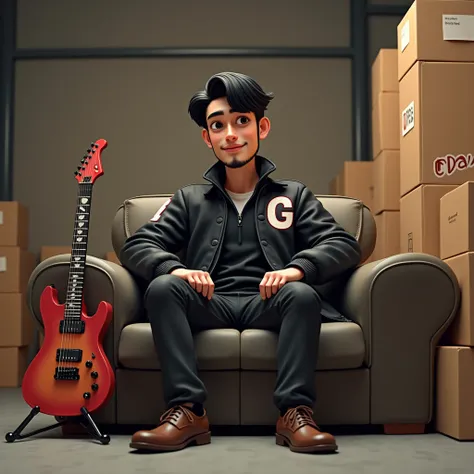 a cute adult slender male wearing black jacket, black hair, very little beard, G letter on jacket, brown leather shoes, sitting on a sofa, black electric guitar stand aside sofa, box warehouse as background, 3d caricature, masterpiece, award-winning 3d car...