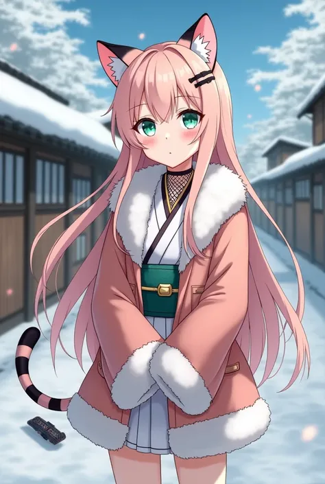 Create me an anime-style picture of a thin and cute Demi girl, she has long light pink hair with tiger ears that are light pink with black stripes .She has a mint green eye and a light blue eye, she has a tiger tail in the colors light pink with black stri...