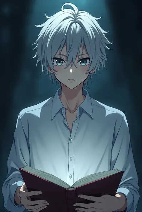  An anime-like character with a cold look ,  who has wavy and clear hair with a cool and calm look , without showing a smile ,  who is reading a book .  He is a high school student of approximately s of age, That in the background you can see a gloomy aura...