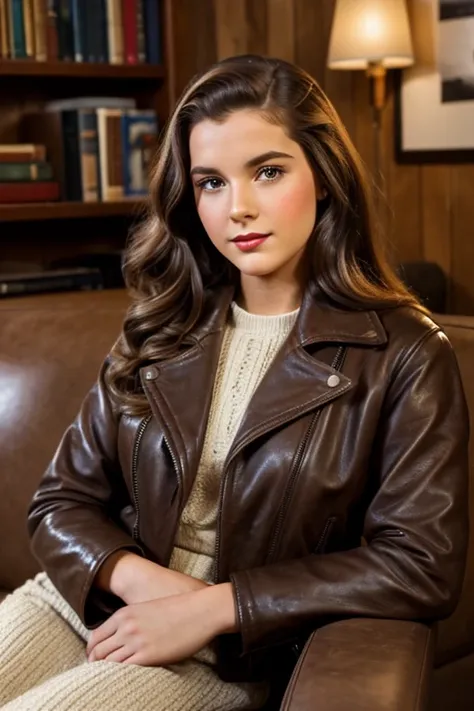 Medium view, of 24 year old, face portrait, jewish features, long hair, brown hair, 1940s hair style, leather jacket over 1940s clothing, in cozy 1940s home.