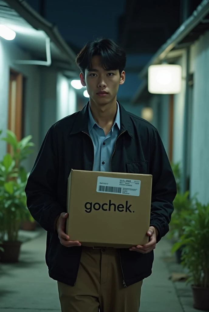 Japanese man, 20 years old, has a neat hairstyle,thin body, thin face,black parachute jacket, light blue formal shirt as inner,Formal brown and cream colored trousers, carrying a package box with the words (GoChek) written on it, complete with barcodes in ...