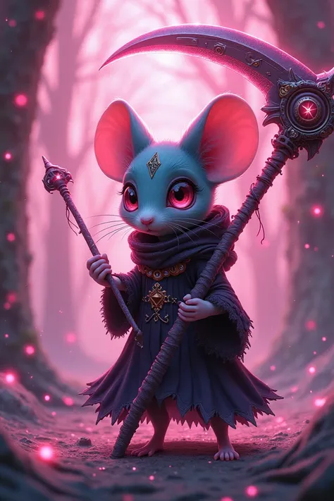 Manga necromancer as mouse with scythe lots of glitter and pink
