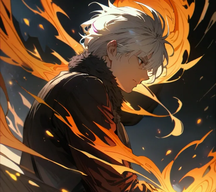 Man who controls fire with orange and white hair