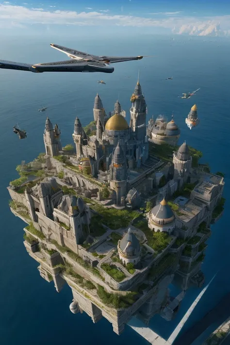 Independently floating fortress in midair, tiltable, anti-gravity, liaison drone traffic, new city-state, future design, science fiction and fantasy, best picture quality.