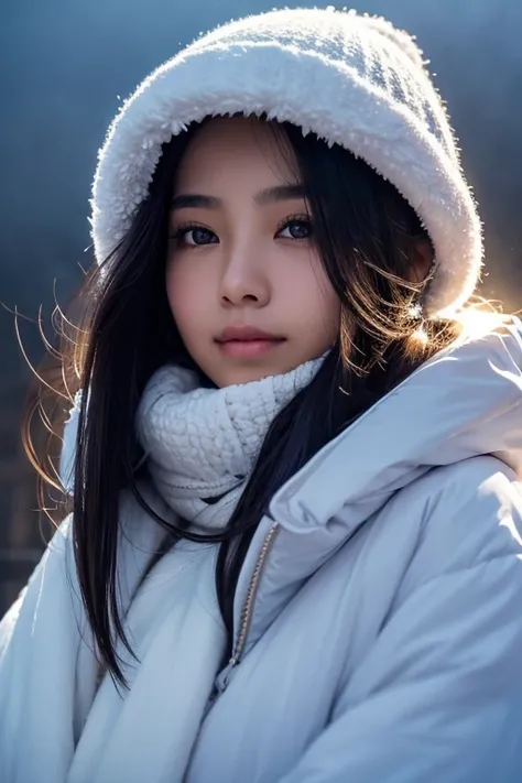  best quality　Close angle　Plump Ecuadorian Transcendental Beauty 　Its cold, so pretty heavy clothing　Sparkling Eyes　In the fantastic fog at midnight