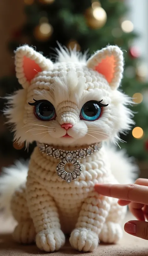 a crochet doll that resembles a cat, specifically a Persian cat. The doll is wearing a diamond collar and has big, blue eyes. In the background we have Christmas decorations. On the right we only see a small female hand of a  approaching the doll