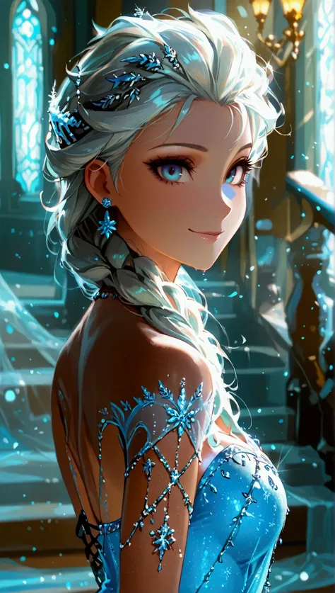 Frozen, Elsa, solo woman, indoors, full body shot, from side, looking at viewer, smiling, slightly tilted head, walking downstairs, white hair, long hair, hairline, blue eyes, medium sized breasts, (black theme:1.2), (blue theme:1.1), full length skirt, bl...