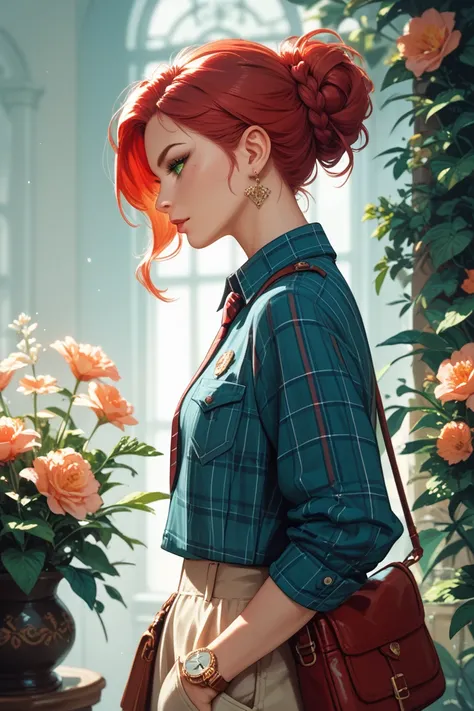 A red-haired girl in profile ,  with green eyes and with a pocket watch in her hand