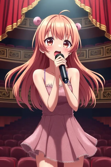 Anime girl singing with microphone in the theater 