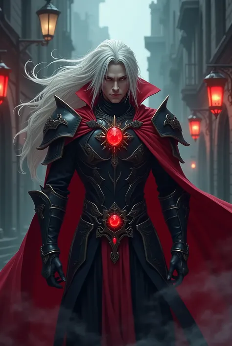 A powerful vampire stands in a shadowy setting, with long, flowing white hair, wrapped in a vibrant red cape that flaps in the wind. He wears intricate black armor with bright red accents, including mystical jewels embedded in his chest and belt. His expre...