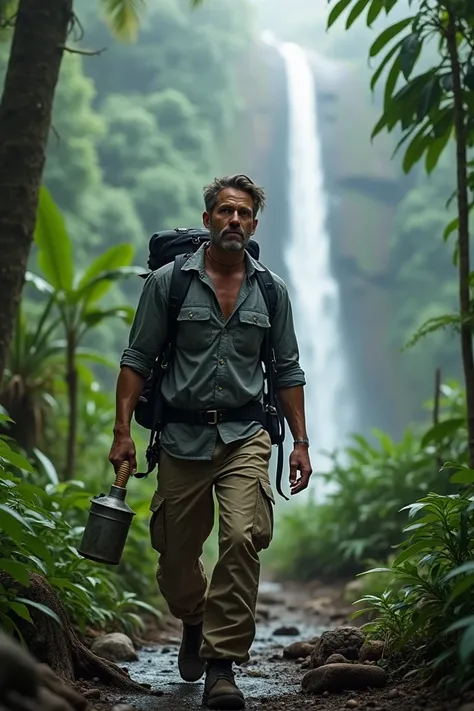  Create an image of an adventurous man , gray shirt, beige pants and black tactical backpack ,  on a rainforest trail next to a waterfall,  holding a wooden and tin torch .