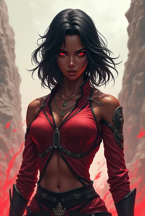 melanated, adult woman, shoulder length black hair, red eyes, warrior, bleach, anime cartoon