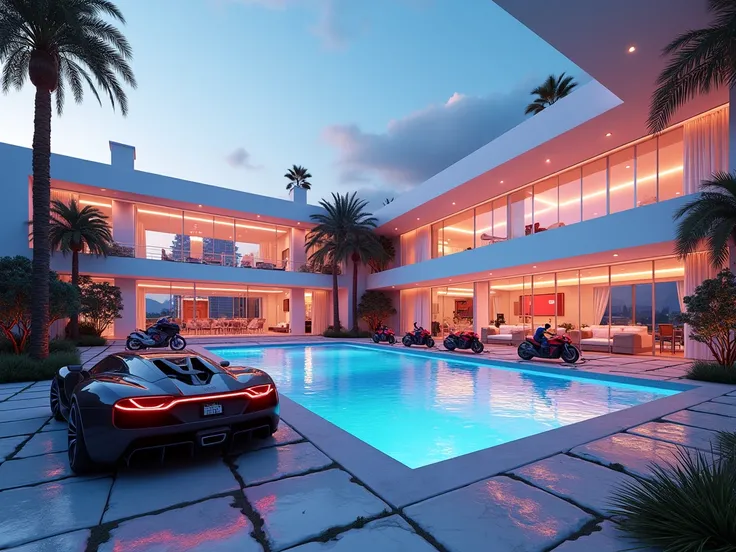 Futuristic rich billionaire modern house, futuristic rich billionaire modern col style gta 5 in 4k 3d gamer cars and motobykes e com notas de dinheiro na piscina