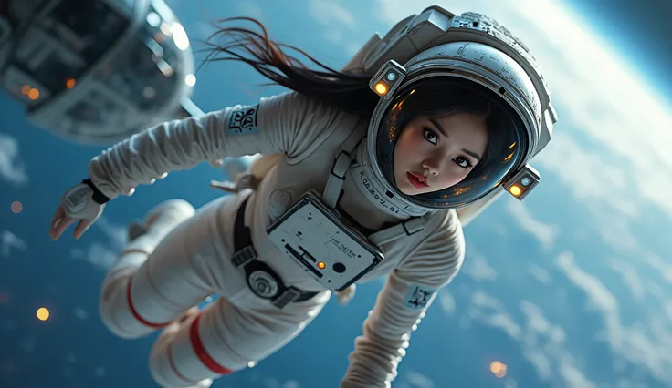 (cosmos) stunning Asian female astronaut floating in outer space, with (((small helmet with visor in front and yellow lighting inside, the helmet closes completely on the characters face))) preventing leakage, the helmet is white, sophisticated lace linger...