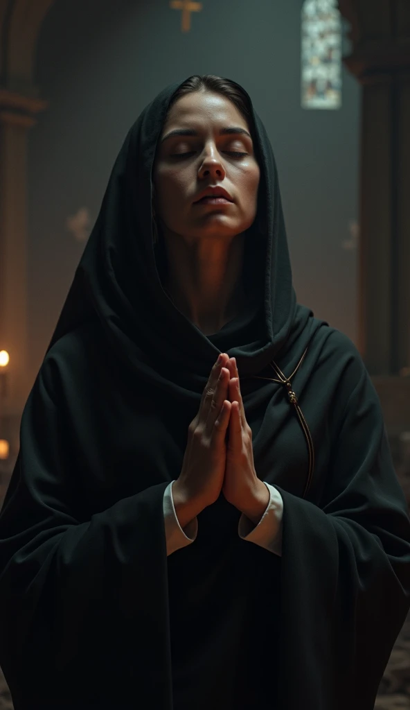 (photorealism:1.2), a person praying with their hands in front.