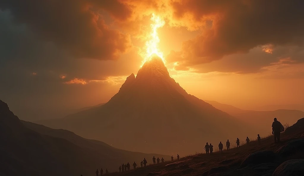 A majestic and imposing scene of the summit of Mount Carmel, seen from a distant hillside at dusk. A towering column of fire descends from the heavens, illuminating the rocky peak with a divine glow that cuts through the gathering storm clouds. The surroun...