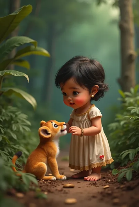 CREATE a hyper realistic image of Small And Cute Indian Baby Girl carrying a tinny little baby lion in one hand and playing with the baby lion, the scene should cover enhanced colour grading and texture, 32 k quality , the background should cover Dark Gree...